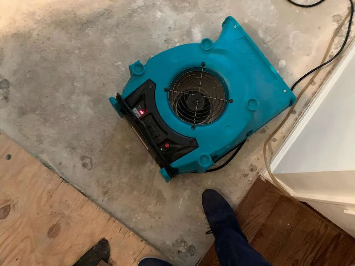 Air mover drying subfloor during Commercial Water Damage Restoration in Castle Shannon